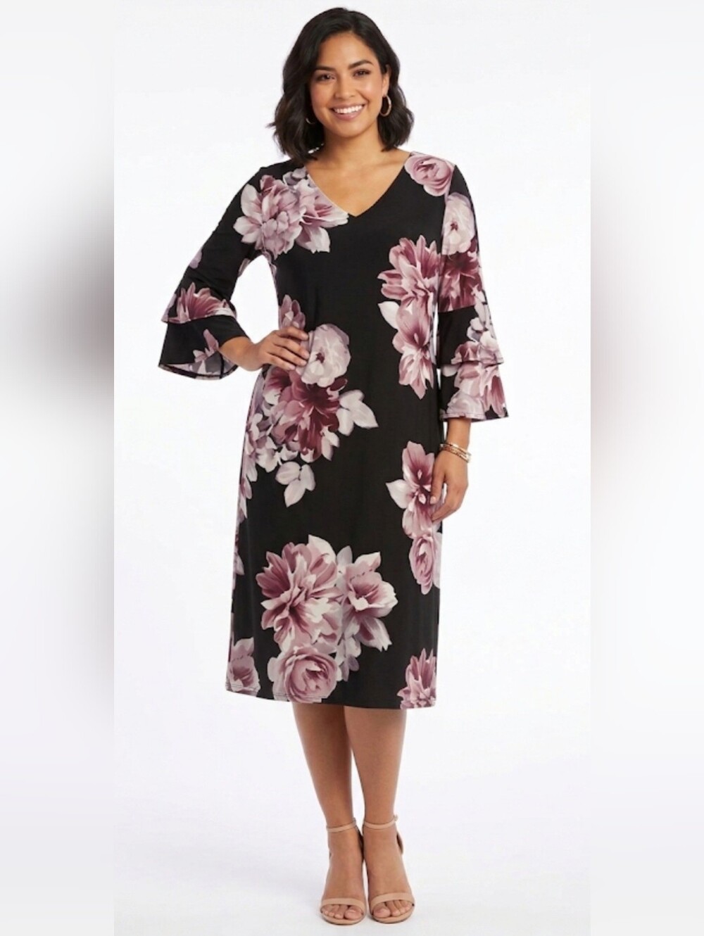 Calvin Klein Black Dress with Pink Floral Accents, Size 18.